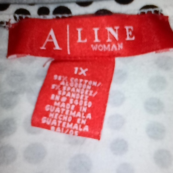 A LINE WOMAN 1X BLOUSE TOP SILVER ACCENT 3/4 SLEEVES WHITE W/ BLACK DOTS SPIRAL - Picture 3 of 8